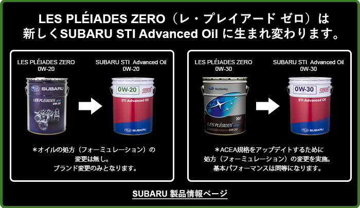 LES PLEIADES ZERO（レ・プレイアード ゼロ）は新しくSUBARU STI Advanced Oil に生まれ変わります。